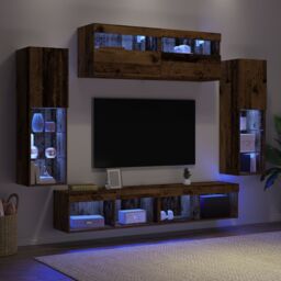 Berkfield Home 8 Piece TV Wall Units with LED Old Wood Engineered Wood in Brown - thumbnail 5