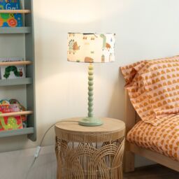 ValueLights Bobbins Sage Green Table Lamp with Cartoon Dino Drum Lamp Shade & LED Bulb - thumbnail 1