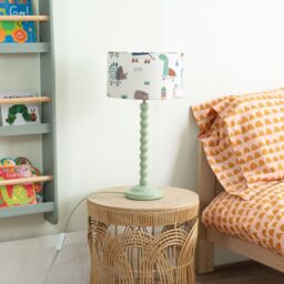 ValueLights Bobbins Sage Green Table Lamp with Cartoon Dino Drum Lamp Shade & LED Bulb - thumbnail 4