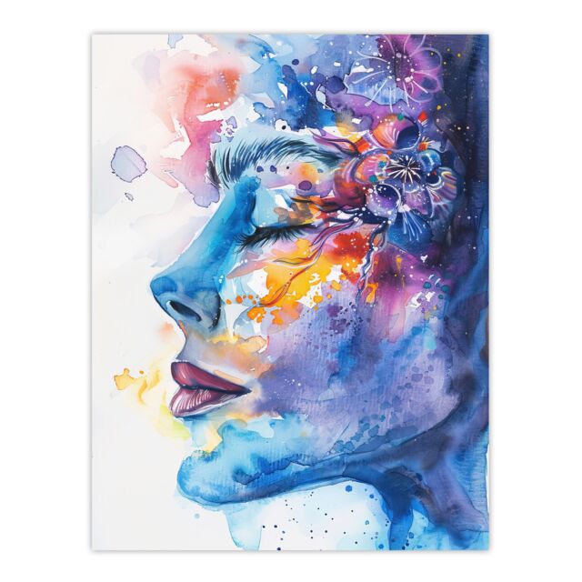 "Artery8 Ethereal Woman Face Portrait Floral Watercolour Wall Art Print in Blue - Size: W24"" x H32""" - image 1
