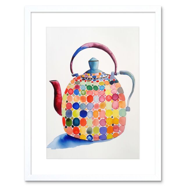 "Artery8 Wall Art Print Colourful Enamelled Teapot Tea Kettle Folk Art Watercolour Painting Artwork Framed 9X7 Inch in White - Size: W7"" x H9""" - image 1