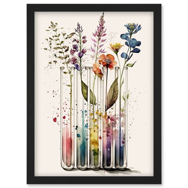 Artery8 Wildflowers Rainbow Colour Water Glass Test Tubes Artwork Framed Wall Art Print A4 in Black - image 1