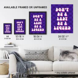 Artery8 Be A Legend Not A Lady Retro Purple Pink Funny Framed Wall Art Print - Size: A4 - thumbnail 3