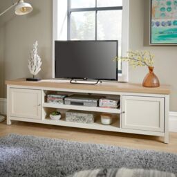 Home Source 2 Door TV Stand Unit with Storage Cabinet & Open Shelving in Off-White - thumbnail 1