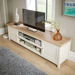 Home Source 2 Door TV Stand Unit with Storage Cabinet & Open Shelving in Off-White - thumbnail 2