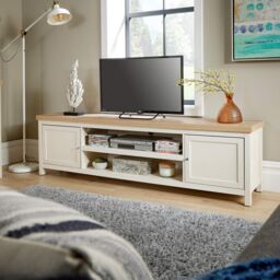 Home Source 2 Door TV Stand Unit with Storage Cabinet & Open Shelving in Off-White - thumbnail 3