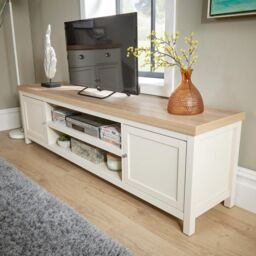 Home Source 2 Door TV Stand Unit with Storage Cabinet & Open Shelving in Off-White - thumbnail 4