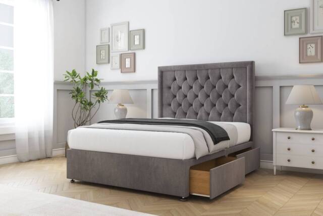 "Comfort Beds Rio Naples Divan Base 2 Drawers - 26"" Headboard in Grey - Size: Double" - image 1
