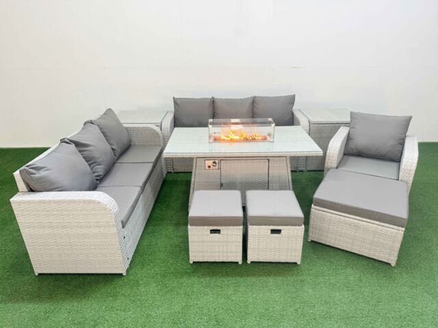 Fimous 10 Seater Poly Rattan Outdoor Garden Furniture Firepit Dining Table Sofa Set Patio 3 Seater Sofa Reclining Chair 3 Seater Sofa 3 Stools 2 Side - image 1