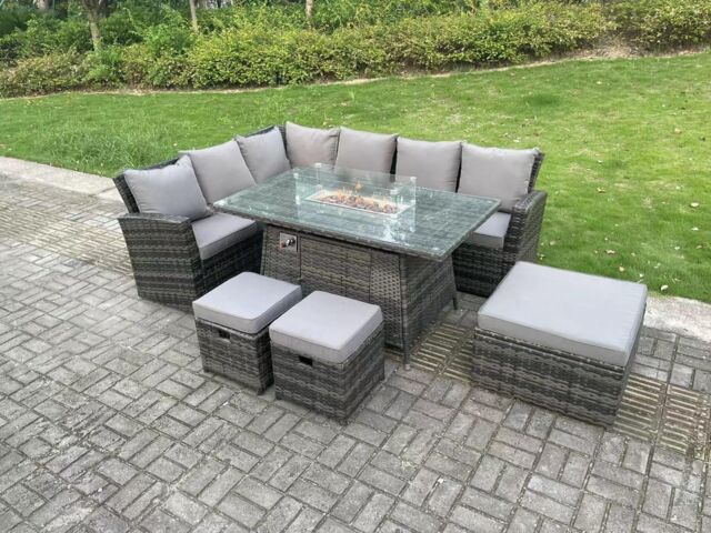 Fimous 9 Seater High Back Rattan Gas Fire Pit Corner Sofa Set Garden Furniture Heater Dining Table Set Left Hand in Dark Grey - image 1
