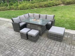 Fimous 9 Seater High Back Rattan Gas Fire Pit Corner Sofa Set Garden Furniture Heater Dining Table Set Left Hand in Dark Grey - thumbnail 3