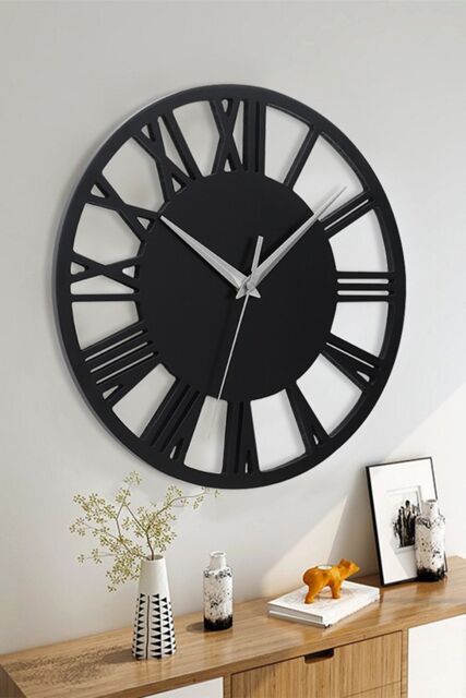 Living and Home 30cm Dia Round Roman Numeral Decorative Wall Clock with Silver Needle in Dark Grey