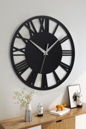 Living and Home 30cm Dia Round Roman Numeral Decorative Wall Clock with Silver Needle in Dark Grey