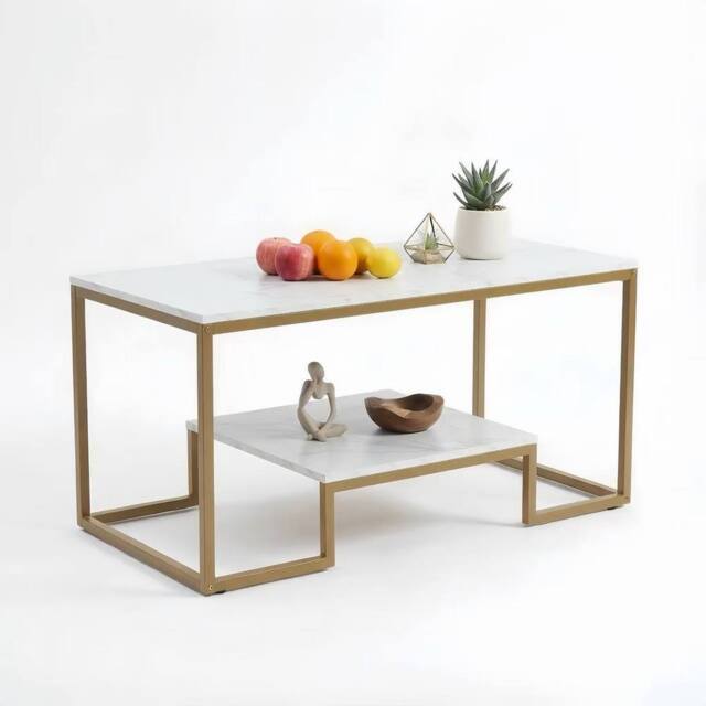 Alivio Modern Coffee Table with Metal Frame & Storage Shelves in White - image 1