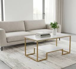 Alivio Modern Coffee Table with Metal Frame & Storage Shelves in White - thumbnail 2
