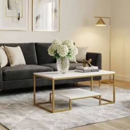 Alivio Modern Coffee Table with Metal Frame & Storage Shelves in White - thumbnail 5