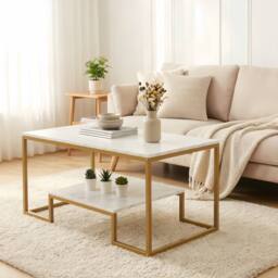 Alivio Modern Coffee Table with Metal Frame & Storage Shelves in White - thumbnail 3