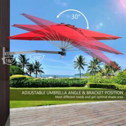Costway Wall Mounted Umbrella Water proof Cantilever Parasols Tilting Sunshade Umbrella with Adjustable Pole in Red - thumbnail 2