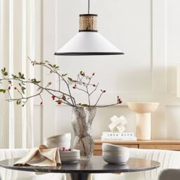 Wyld and Coco Natural Rattan Pendant Lamp with White Fabric Shade - thumbnail 1