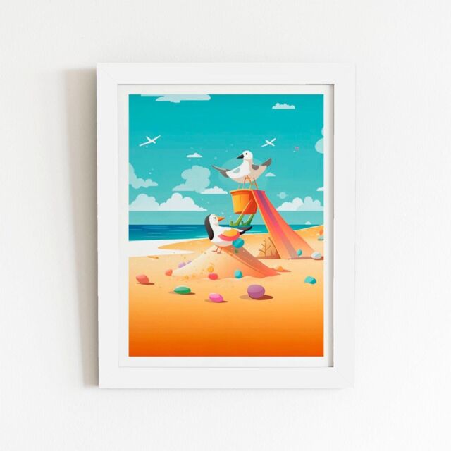 "Warren Reed - Designer Seagulls On A Beach Holiday Framed Art Print in White - Size: W12"" x H16""" - image 1