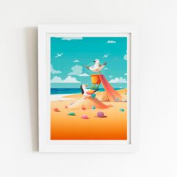 "Warren Reed - Designer Seagulls On A Beach Holiday Framed Art Print in White - Size: W12"" x H16""" - thumbnail 2