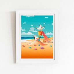 "Warren Reed - Designer Seagulls On A Beach Holiday Framed Art Print in White - Size: W12"" x H16""" - thumbnail 1