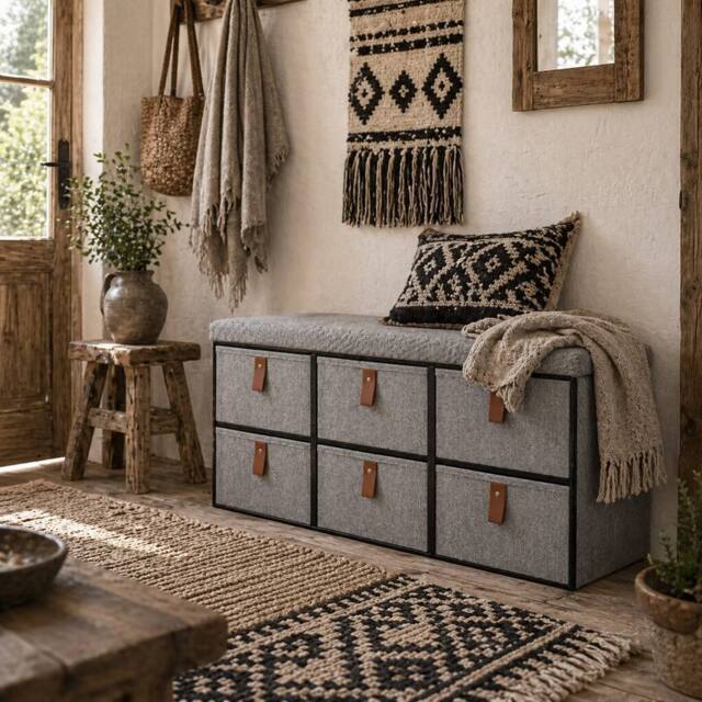 Wyld Haus Taelha Light Grey Fabric Shoe Bench with Cushioned Seat & 6 Drawers - image 1