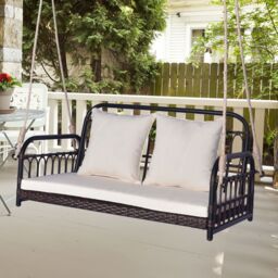 Costway 2-Person Patio Wicker Swing Chair Hanging Outdoor Swing Bench w/ Cushions - thumbnail 1