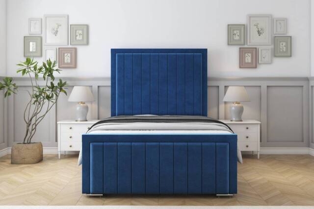 "Sloomy Richmond Plush Frame-Mattress - 50"" Upholstered Headboard in Navy - Size: Small Double" - image 1