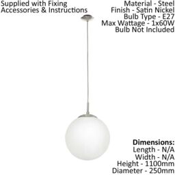 Loops Pendant Ceiling Light Colour Satin Nickel Shade White Glass Opal Matt E27 1x60W in Metallics - thumbnail 2