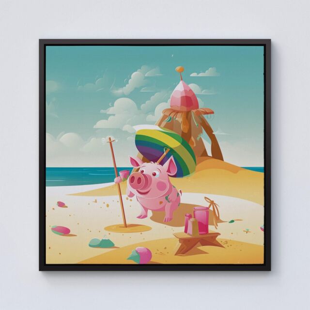 Warren Reed - Designer Piglet On A Beach Holiday Framed Canvas in Black - Size: w40 inch x h40 inch - image 1