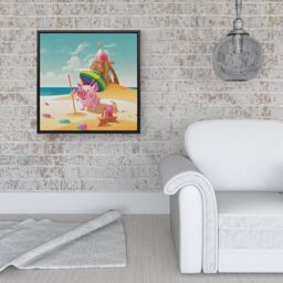 Warren Reed - Designer Piglet On A Beach Holiday Framed Canvas in Black - Size: w40 inch x h40 inch - thumbnail 2