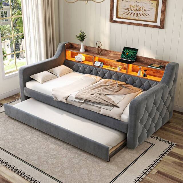 Direct Wicker Velvet Storage Sofa Bed with LED Ambiance & USB-C Port, 90x190 cm in Dark Grey - Size: Single - image 1