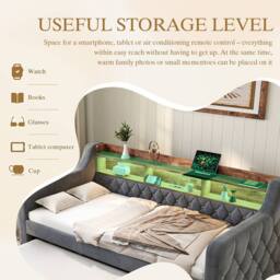 Direct Wicker Velvet Storage Sofa Bed with LED Ambiance & USB-C Port, 90x190 cm in Dark Grey - Size: Single - thumbnail 7
