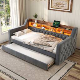 Direct Wicker Velvet Storage Sofa Bed with LED Ambiance & USB-C Port, 90x190 cm in Dark Grey - Size: Single