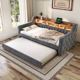 Direct Wicker Velvet Storage Sofa Bed with LED Ambiance & USB-C Port, 90x190 cm in Dark Grey - Size: Single - thumbnail 9