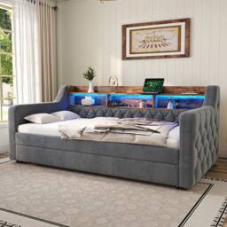 Direct Wicker Velvet Storage Sofa Bed with LED Ambiance & USB-C Port, 90x190 cm in Dark Grey - Size: Single - thumbnail 8