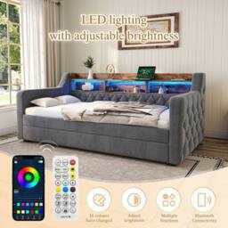 Direct Wicker Velvet Storage Sofa Bed with LED Ambiance & USB-C Port, 90x190 cm in Dark Grey - Size: Single - thumbnail 6