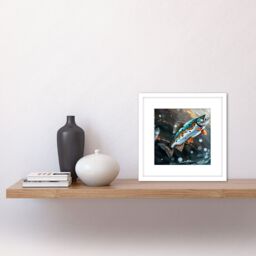 Artery8 Rainbow Trout Fish Jumping Out of Water Modern Oil Painting Square Wooden Framed Wall Art Print Picture 8X8 Inch in White - thumbnail 2