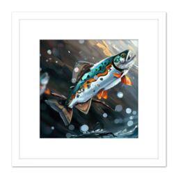 Artery8 Rainbow Trout Fish Jumping Out of Water Modern Oil Painting Square Wooden Framed Wall Art Print Picture 8X8 Inch in White - thumbnail 1