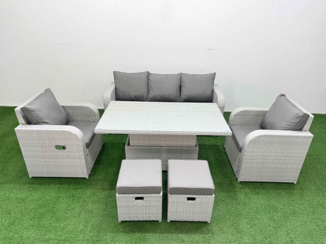Fimous PE Rattan Garden Furniture Set Reclining Chair Sofa Lounge Sofa Set Adjustable Lifting Dining or Coffee Table 2 Small Stools Light Grey - image 1