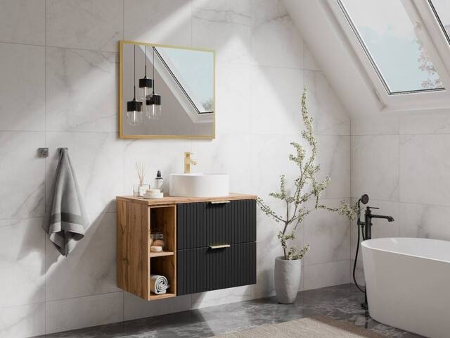 Vente-unique Fluted Wall-Hung Bathroom Unit With Open Shelves & Round Countertop in Black