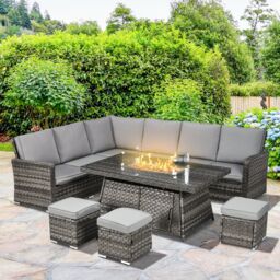 OUTSUNNY 7 Pieces Rattan Garden Furniture Set w/ 50, 000 BTU Fire Pit Table in Mid Grey - thumbnail 1
