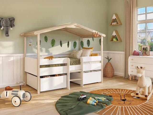 Vente-unique Cabin Bed With Drawers - 90 X 190 Cm - Lime Wood - White & Oak in Light Oak - Size: Single - image 1