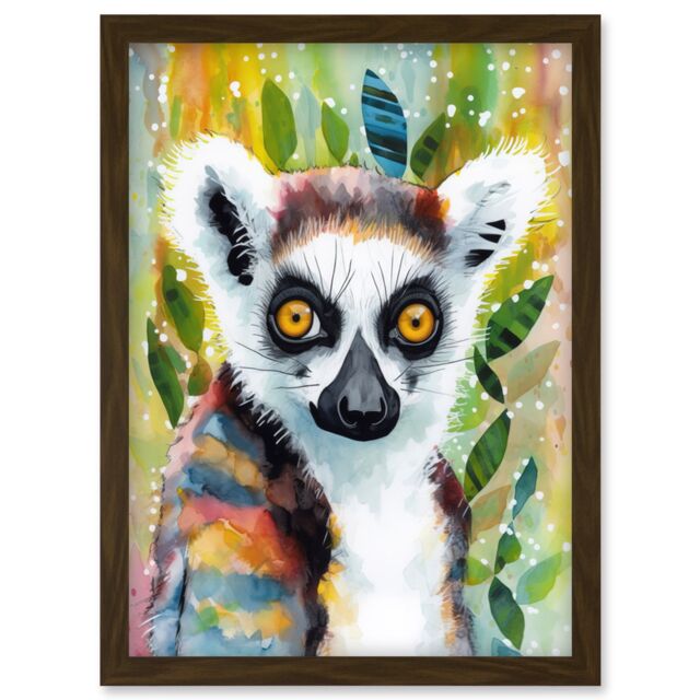 Artery8 Lemur Portrait Folk Art Watercolour Painting Artwork Framed Wall Art Print A4 in Brown - image 1