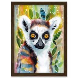 Artery8 Lemur Portrait Folk Art Watercolour Painting Artwork Framed Wall Art Print A4 in Brown - thumbnail 1