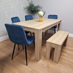 KOSY KOALA Modern Oak Effect Dining Table Set With 4 Blue Velvet Chairs & Bench Dining Room Furniture in Brown - thumbnail 2