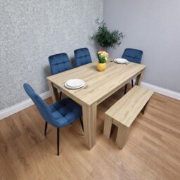 KOSY KOALA Modern Oak Effect Dining Table Set With 4 Blue Velvet Chairs & Bench Dining Room Furniture in Brown - thumbnail 4