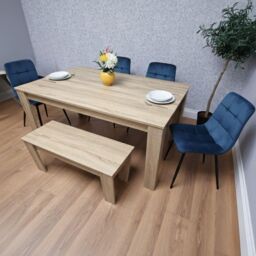 KOSY KOALA Modern Oak Effect Dining Table Set With 4 Blue Velvet Chairs & Bench Dining Room Furniture in Brown - thumbnail 3