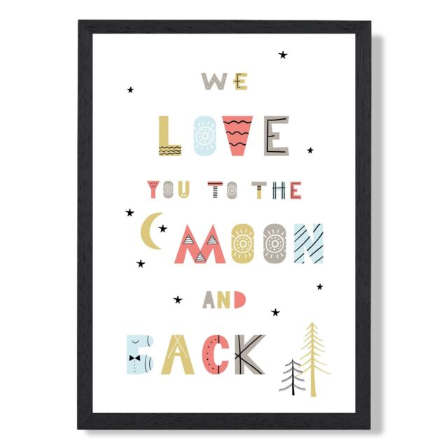 ARTZE Cute Love you to the Moon Scandi Quote Framed Print SIZE: A2 with Black Frame in Pale Blue - Size: A4 - image 1